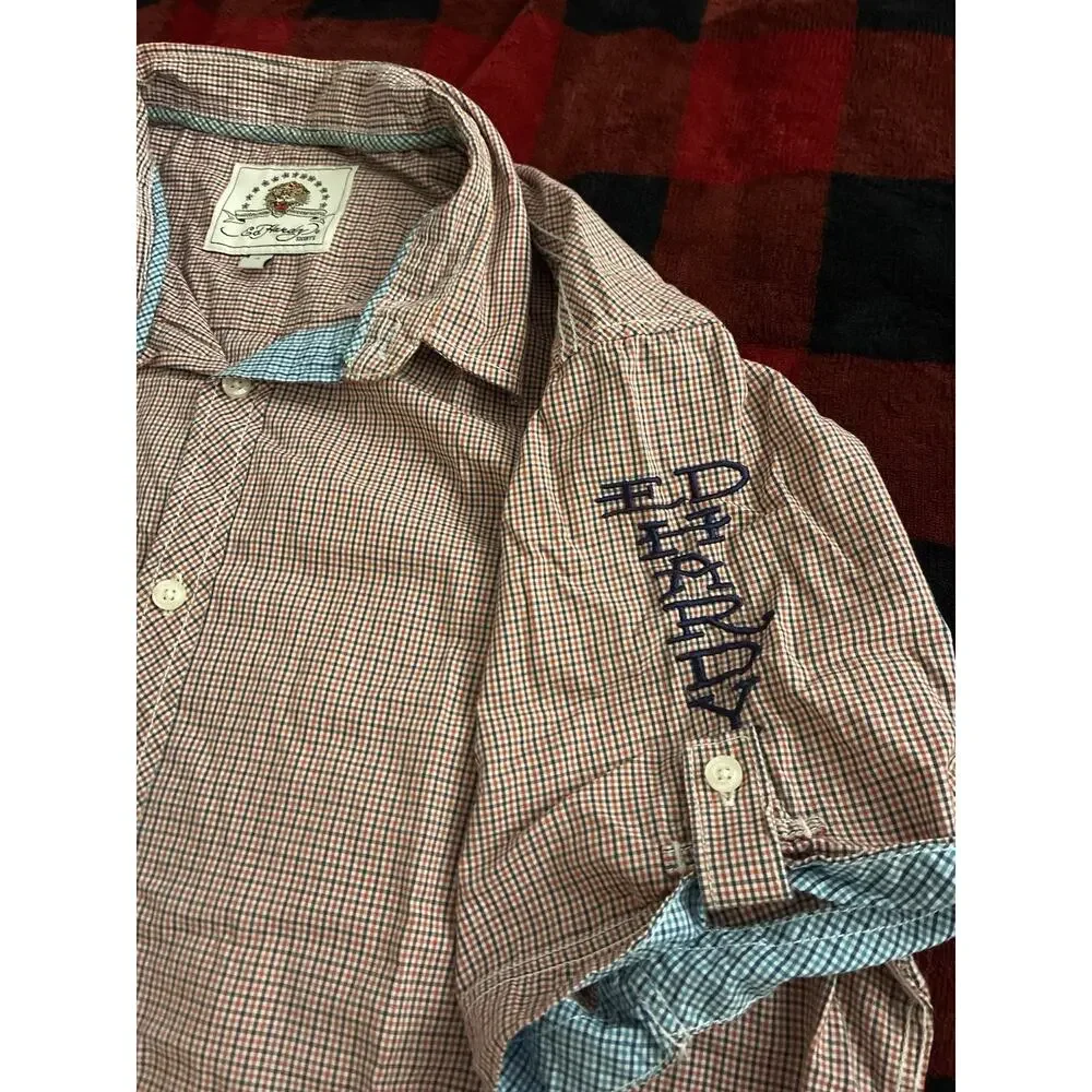 Ed Hardy Men's L Check Short Sleeve Button-Up Shirt Embroidered Logo vintage red